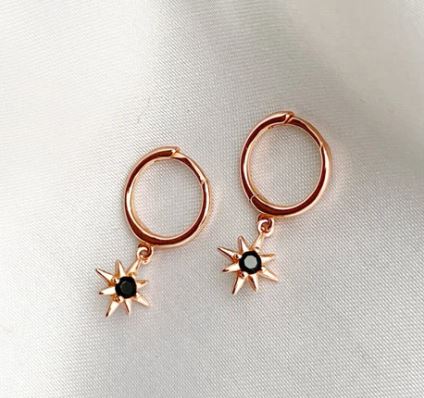 Black Zirconia Compass Huggie Earrings - Rose Gold
